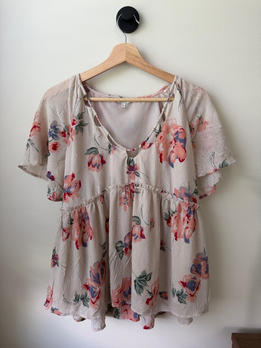 Lucky Brand Beige Floral Babydoll Top with Pink & Green Accents